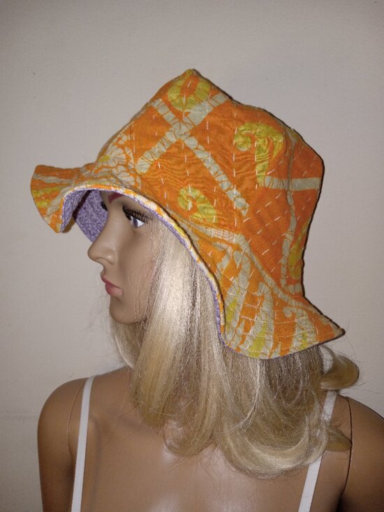 Kantha Sun Hat Tangerine Lilac Calico M-L Reversible Bucket Hat Handmade  KS2. main image 5
